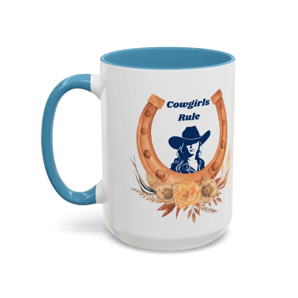 White and blue 15oz coffee mug with Cowgirls Rule cowgirl design