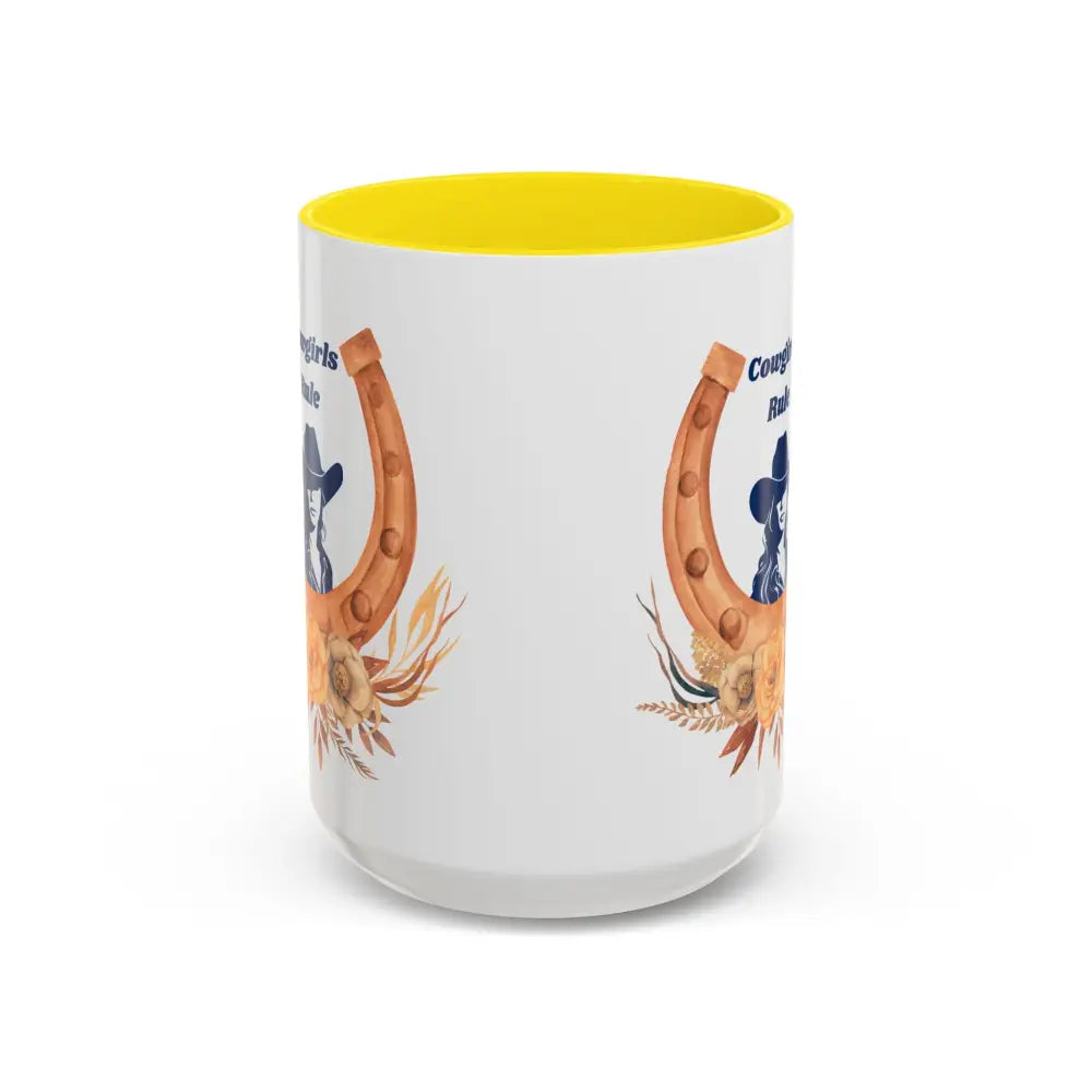 Cowgirls Rule 15oz ceramic coffee mug with yellow interior and cowboy design