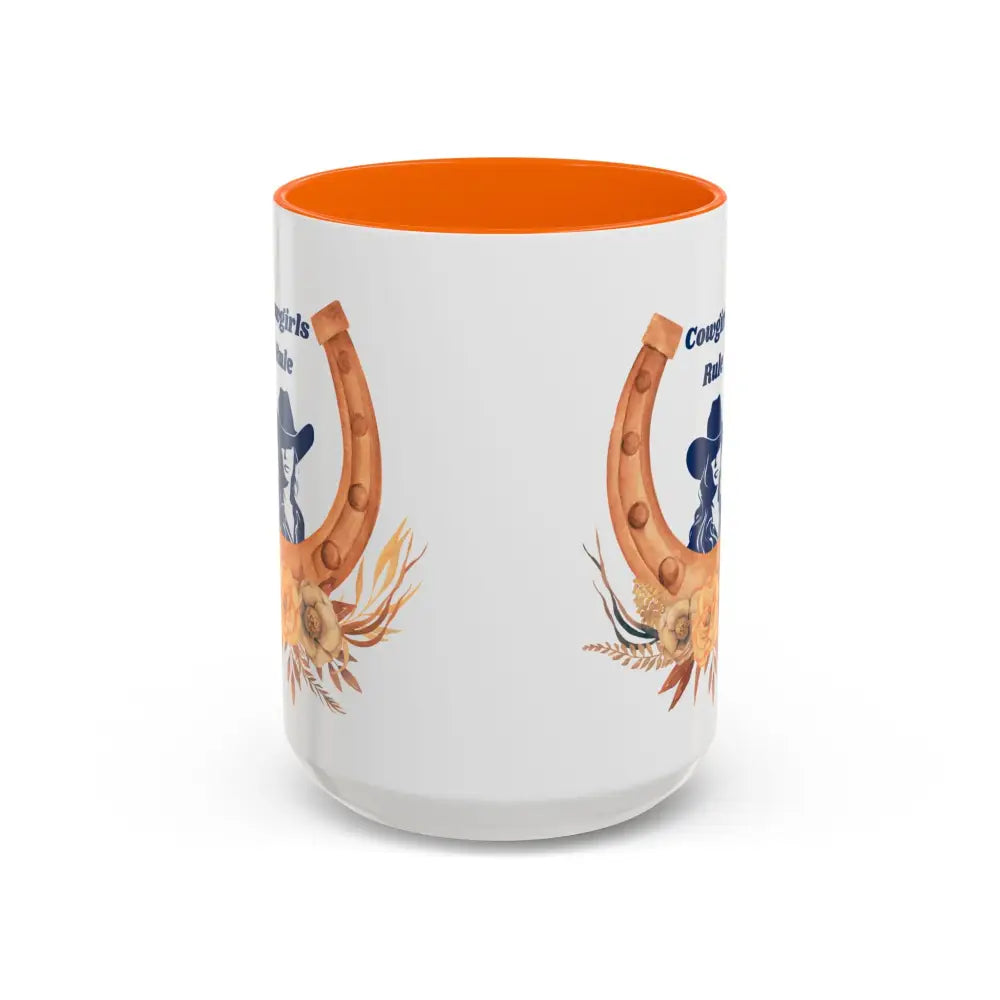Cowgirls Rule 15oz ceramic coffee mug with orange interior, horseshoe, sunflower design