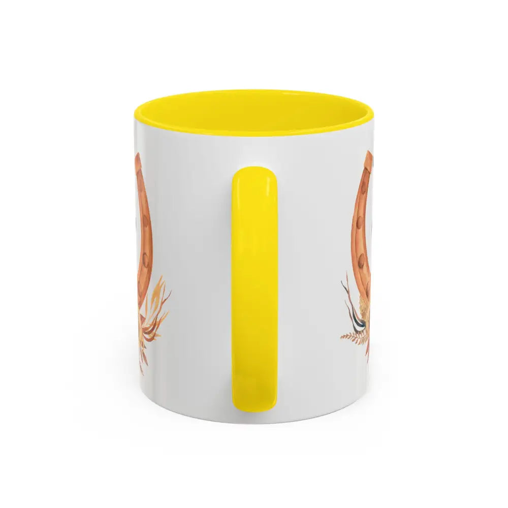 Yellow and white ceramic 15oz coffee mug with Cowgirls Rule design
