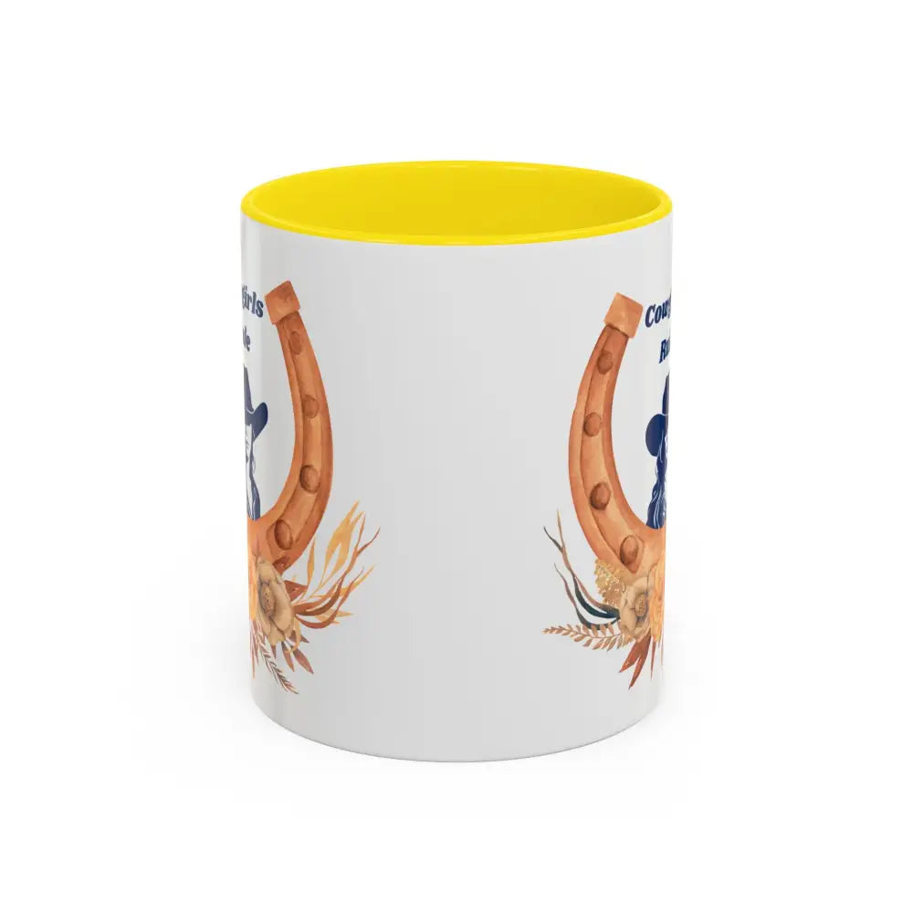 Cowgirls Rule 15oz ceramic coffee mug with yellow interior horseshoe design