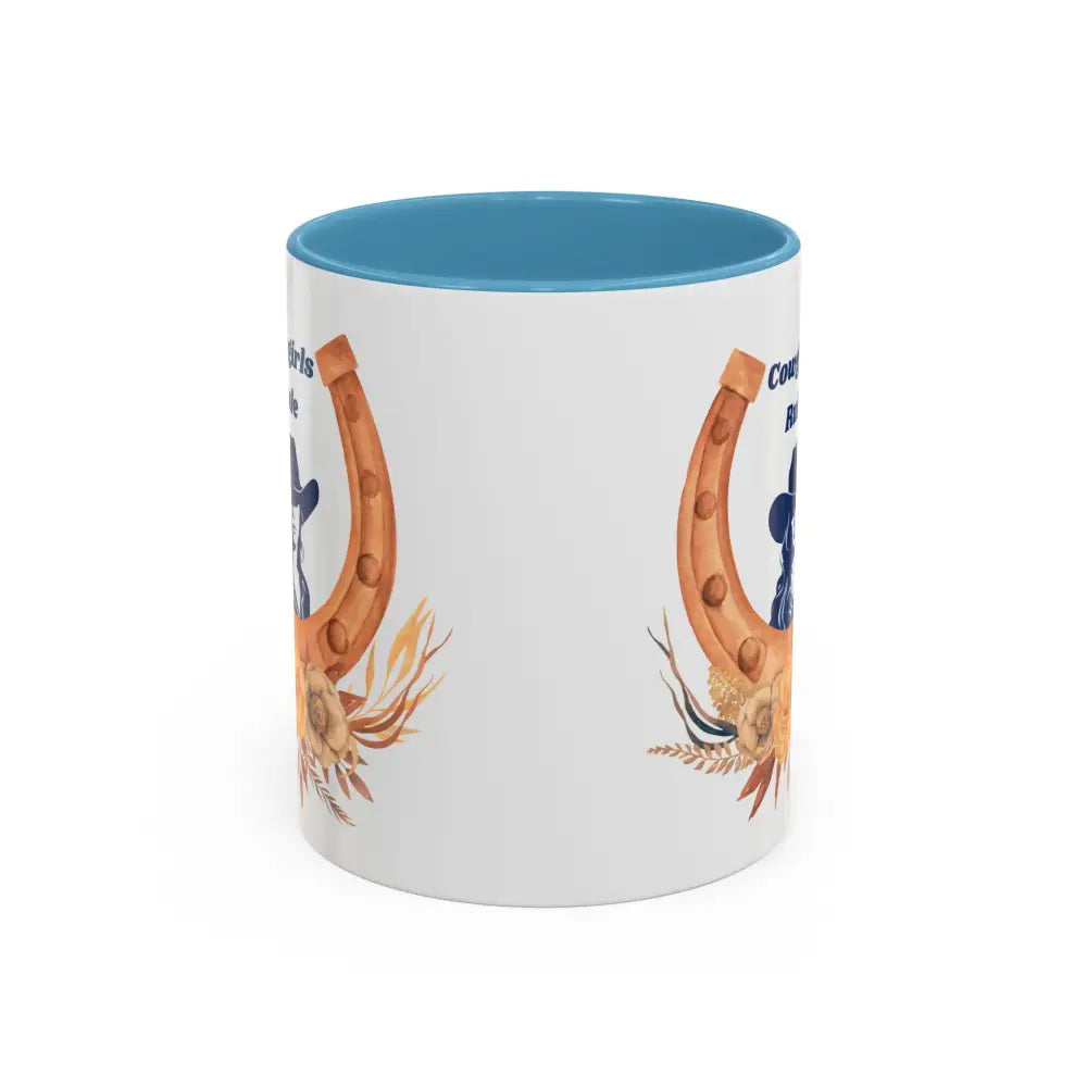 Cowgirls Rule 15oz ceramic coffee mug with blue horseshoe design