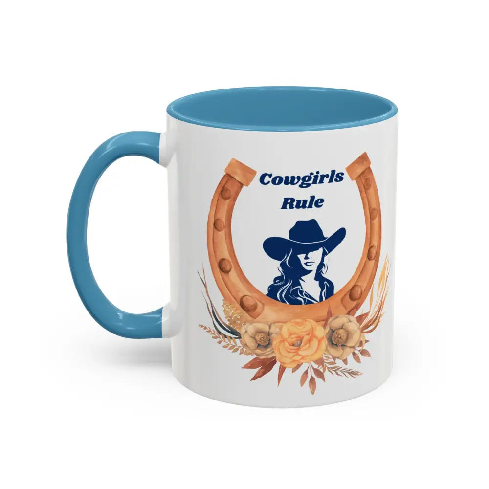 Cowgirls Rule 15oz ceramic coffee mug with horseshoe design