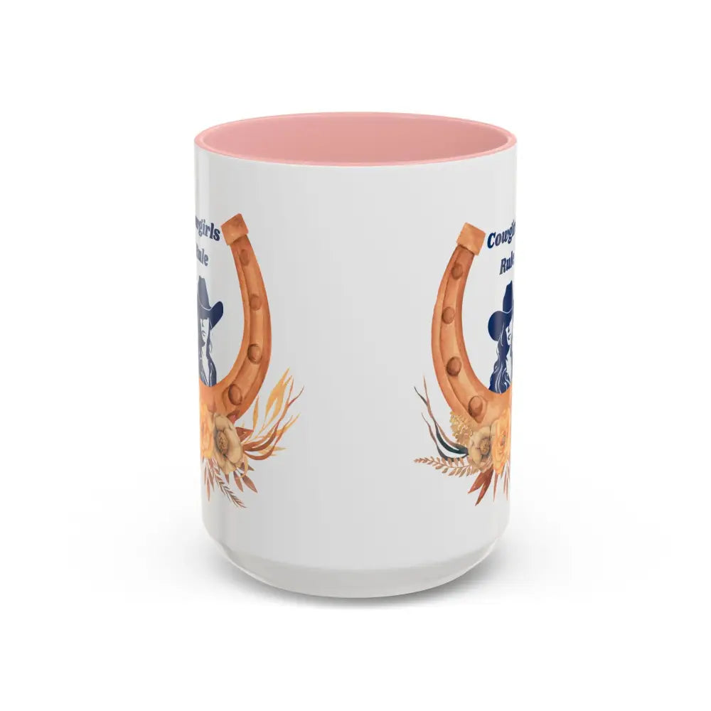 Cowgirls Rule 15oz coffee mug with pink interior horseshoe design