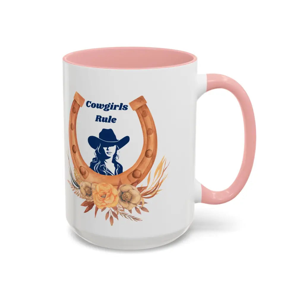 15oz ceramic coffee mug with Cowgirls Rule horseshoe design