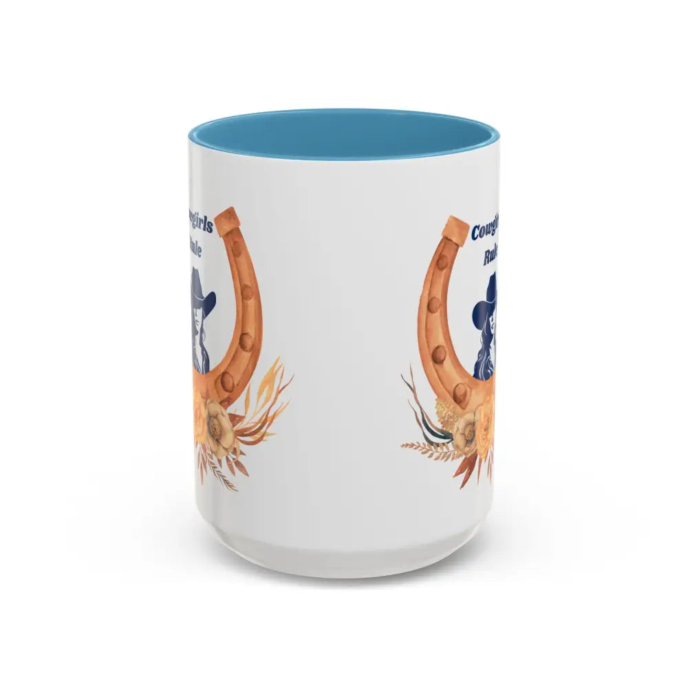 Cowgirls Rule 15oz ceramic coffee mug with horseshoe floral design