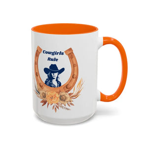 Orange and white 15oz coffee mug with Cowgirls Rule horseshoe design