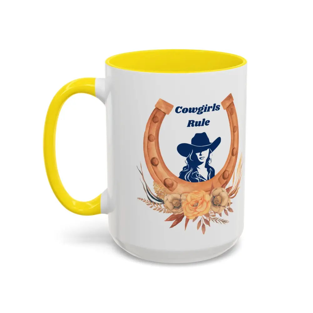 Cowgirls Rule 15oz ceramic coffee mug with yellow handle and horseshoe design