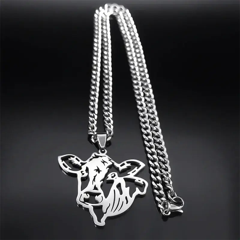 Cute Cow Head Hollow Stainless Steel Silver Necklace Chain for Women or Men - 50cm CS SR - Jewelry