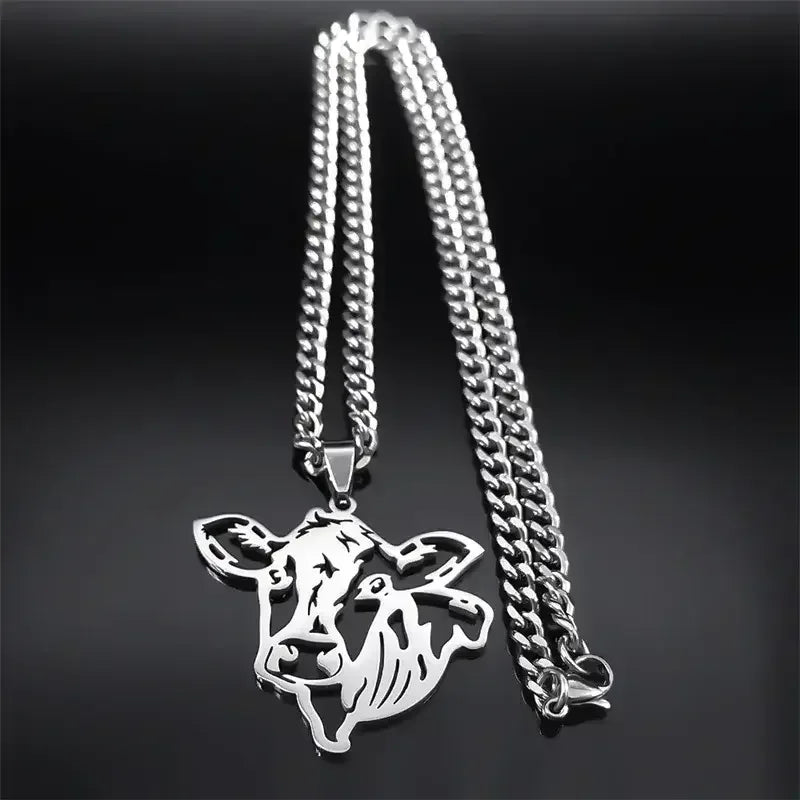 Cute Cow Head Stainless Steel Silver Necklace Chain for Women or Men - The Best New Thing