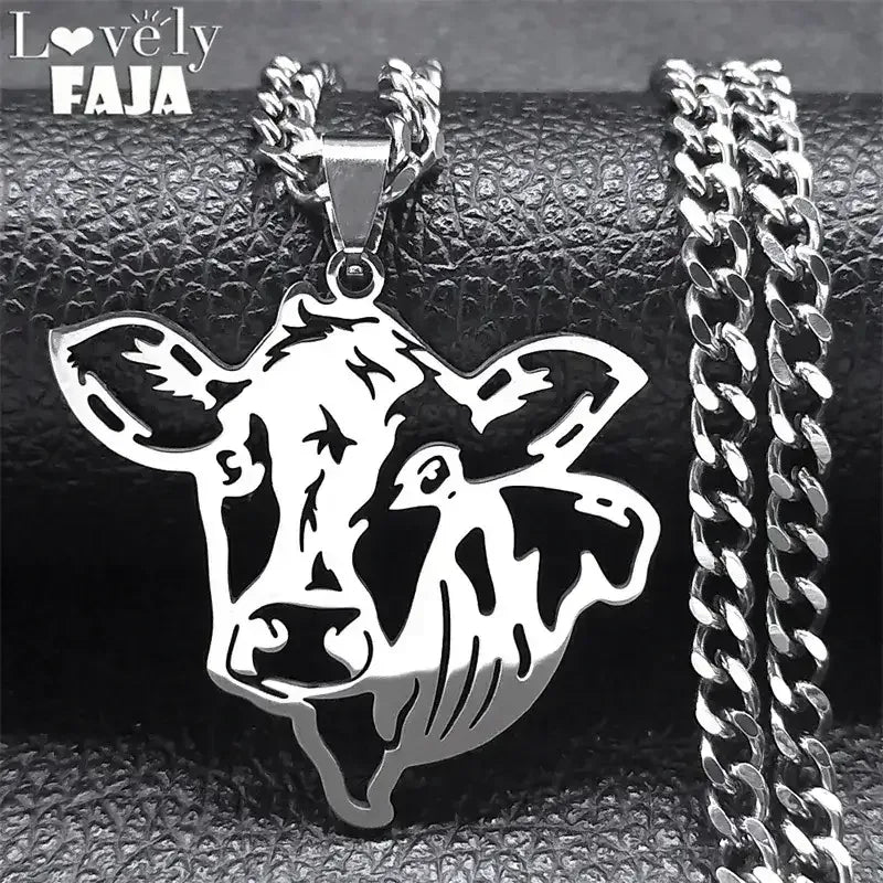 Cute Cow Head Stainless Steel Silver Necklace Chain for Women or Men - The Best New Thing