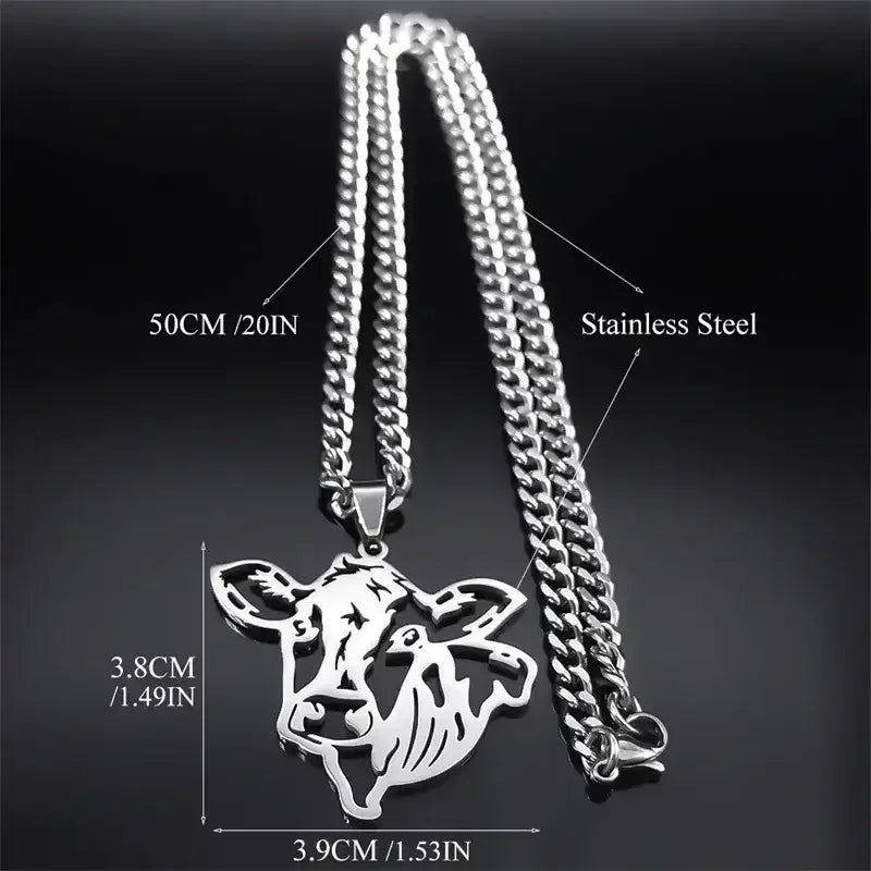 Cute Cow Head Stainless Steel Silver Necklace Chain for Women or Men - The Best New Thing