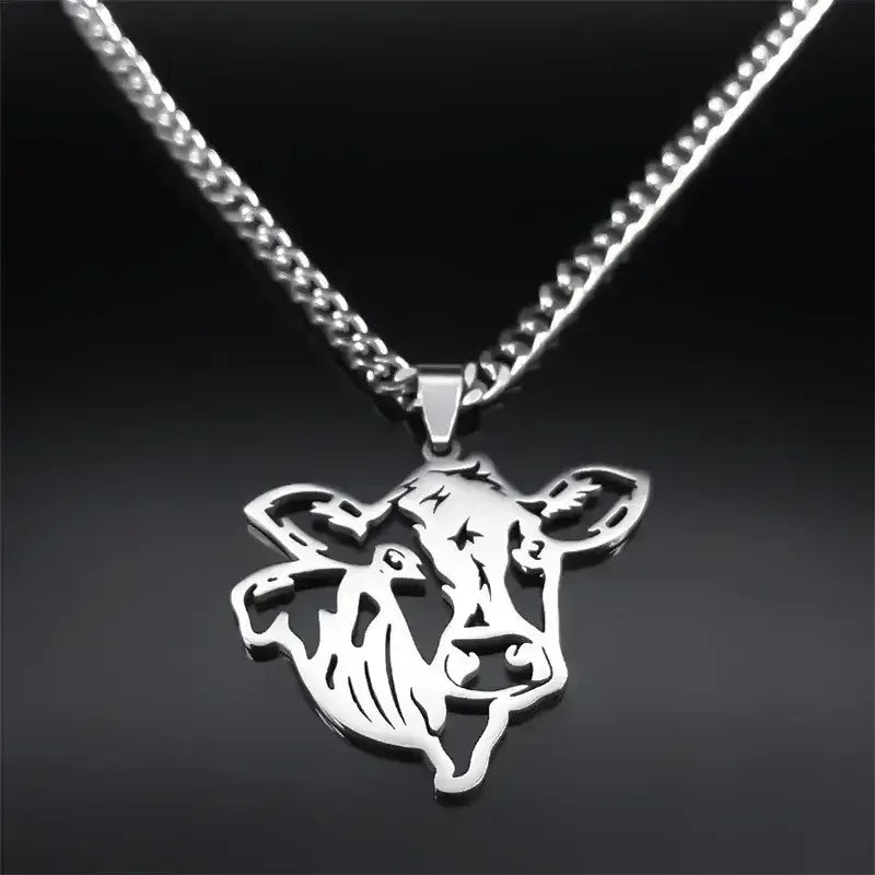 Cute Cow Head Stainless Steel Silver Necklace Chain for Women or Men - The Best New Thing