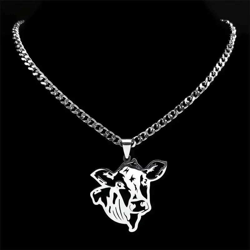 Cute Cow Head Stainless Steel Silver Necklace Chain for Women or Men - The Best New Thing