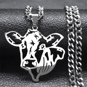 Cute Cow Head Hollow Stainless Steel Silver Necklace Chain for Women or Men - 50cm CS SR - Jewelry