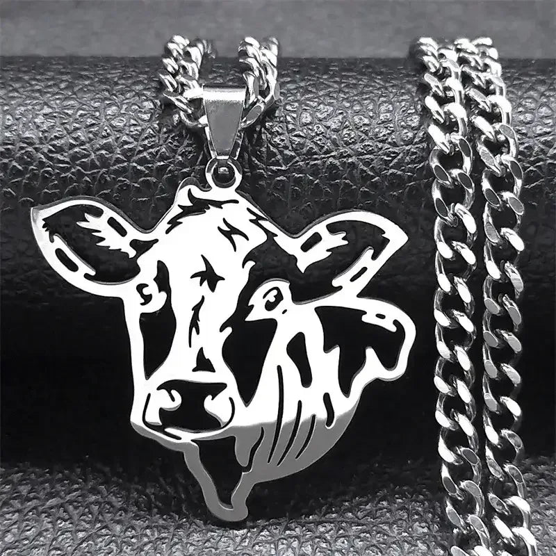 Cute Cow Head Stainless Steel Silver Necklace Chain for Women or Men - The Best New Thing