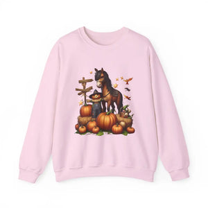 Fall Harvest Halloween Sweatshirt Horse and Pumpkin Shirt Autumn Farm Apparel - Light Pink / S - Sweatshirt