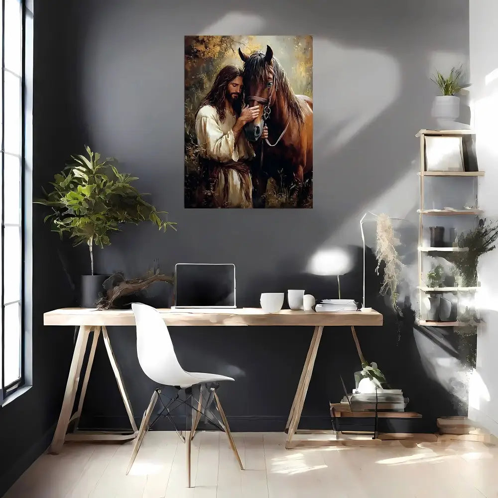 Jesus and Horse Fabric Canvas Wall Decor Western Religious Home Decor - Home Decor