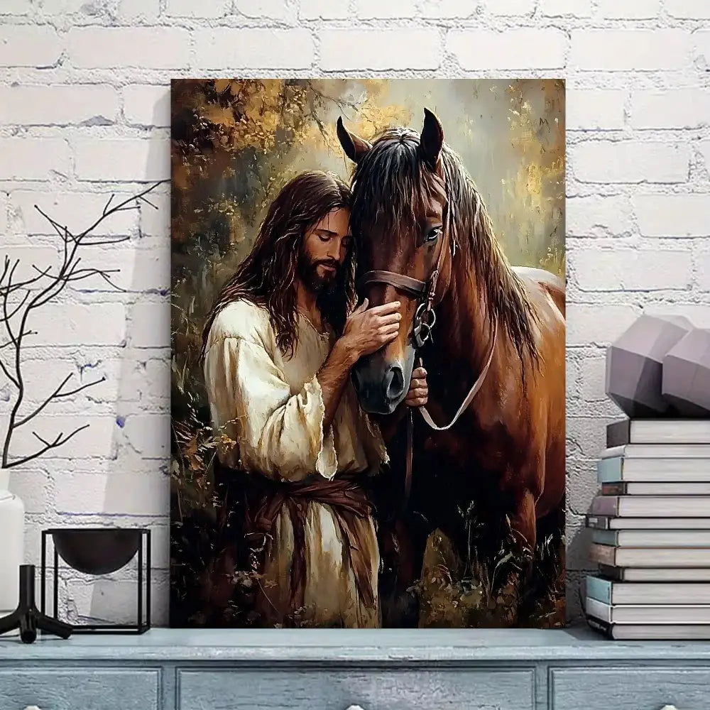 Jesus and Horse Fabric Canvas Wall Decor Western Religious Home Decor - 20X30cm No Frame - Home Decor