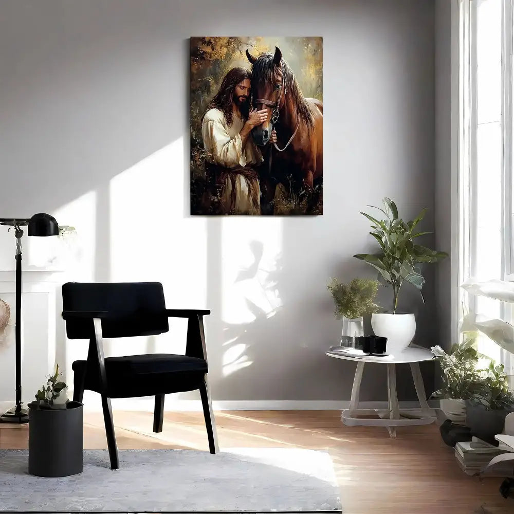 Jesus and Horse Fabric Canvas Wall Decor Western Religious Home Decor - Home Decor