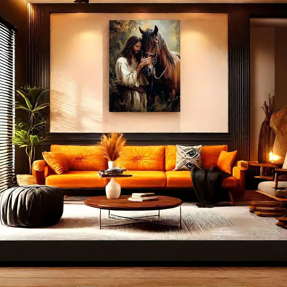 Jesus and Horse Fabric Canvas Wall Decor Western Religious Home Decor - Home Decor