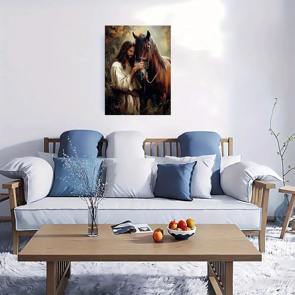 Jesus and Horse Fabric Canvas Wall Decor Western Religious Home Decor - Home Decor