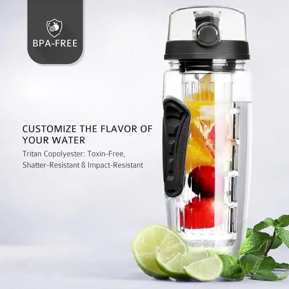 Fruit Infuser Water Bottle BPA Free Plastic Sport Shaker Drink Bottle 32oz 1 Bottle - Black | 1 Bottle / 1000 ML