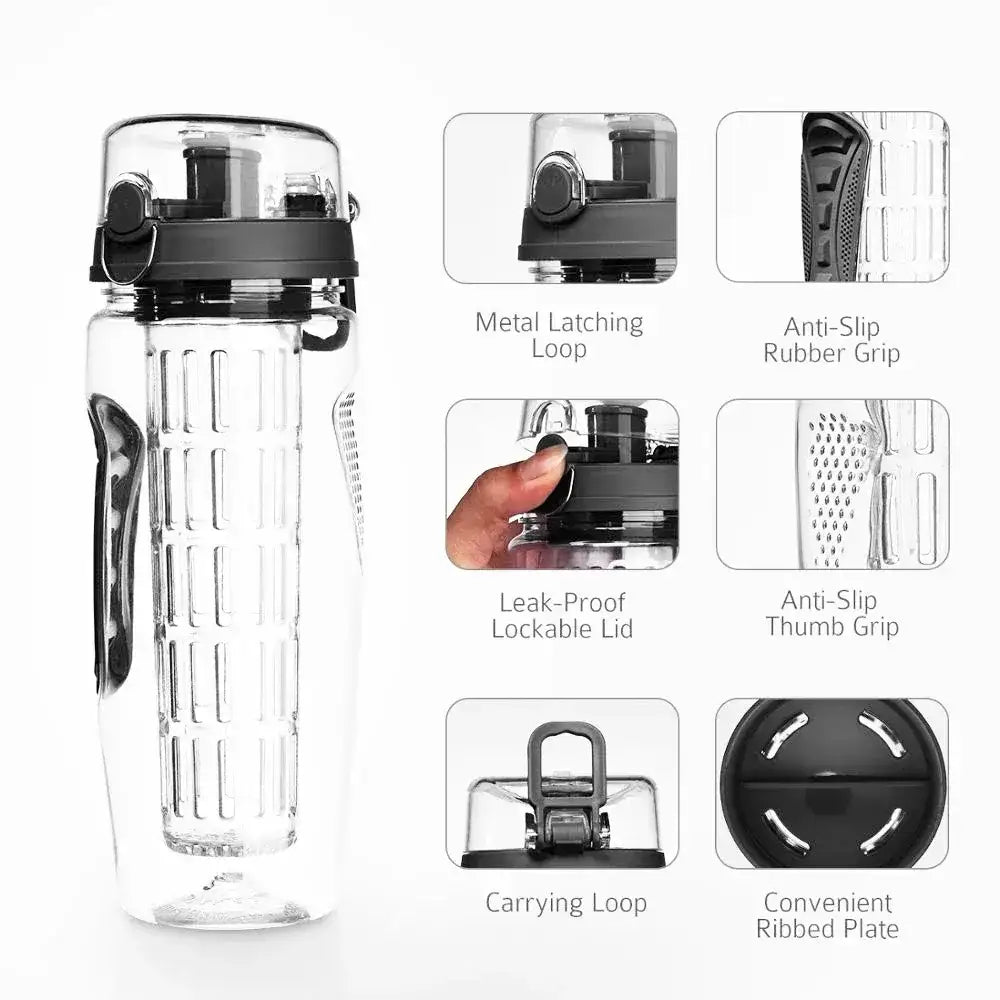 Fruit Infuser Water Bottle BPA Free Plastic Sport Shaker Drink Bottle 32oz 1 Bottle - Black | 1 Bottle / 1000 ML