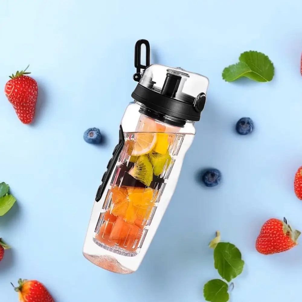 Clear BPA free plastic infuser water bottle with fruits, 32oz sport shaker