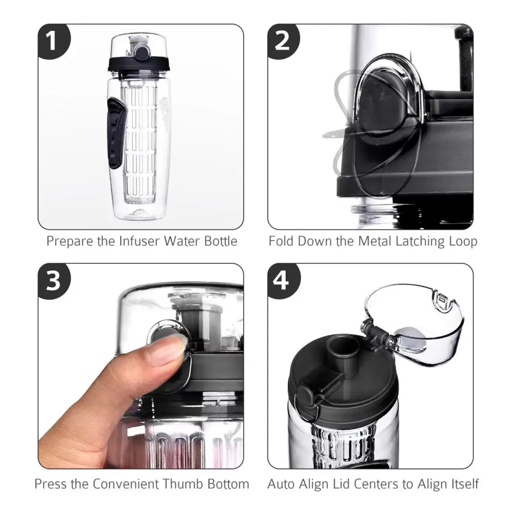 Clear BPA free plastic infuser water bottle, 32oz sport shaker with black lid