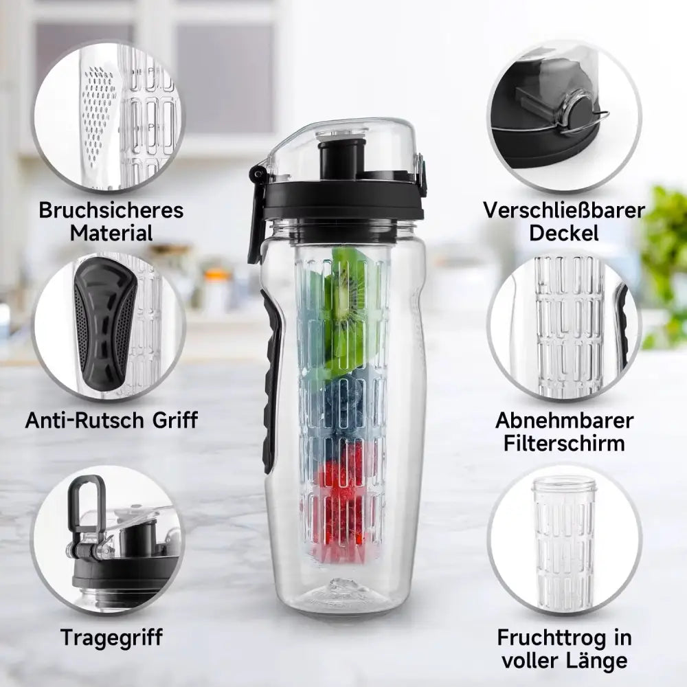 Clear BPA free plastic infuser water bottle, 32oz sport shaker with fruit infuser