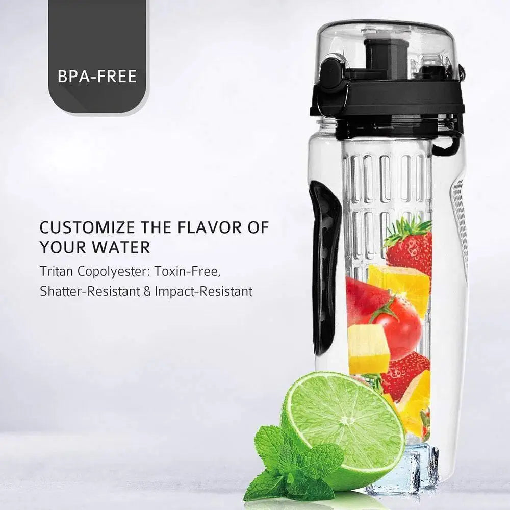 Clear 32oz BPA free plastic infuser water bottle with black lid