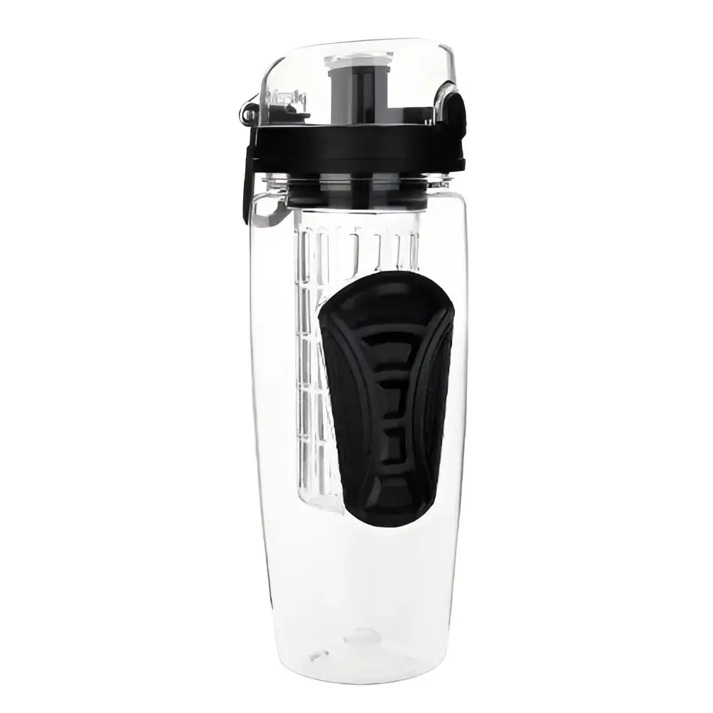 Clear BPA free plastic infuser water bottle with black lid, 32oz sport shaker