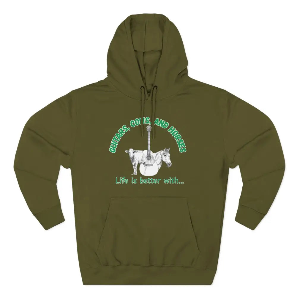 Guitars Cows & Horses Hoodie — Hoodies for Men Winter Farm Apparel - M / Army Green - Hoodie