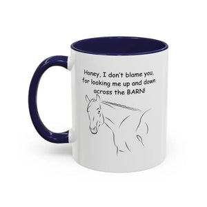 Horse coffee mug with blue interior, white exterior horse illustration, 11oz cup