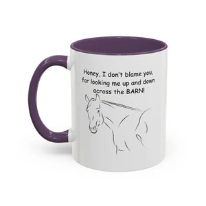 White ceramic 11oz coffee cup with purple accents, horse illustration, perfect gift