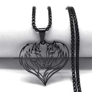 Horse Love Pendant Stainless-Steel Necklace. Aesthetic Heart Shape Horse Necklace. - A 60cm Box BK - Jewelry