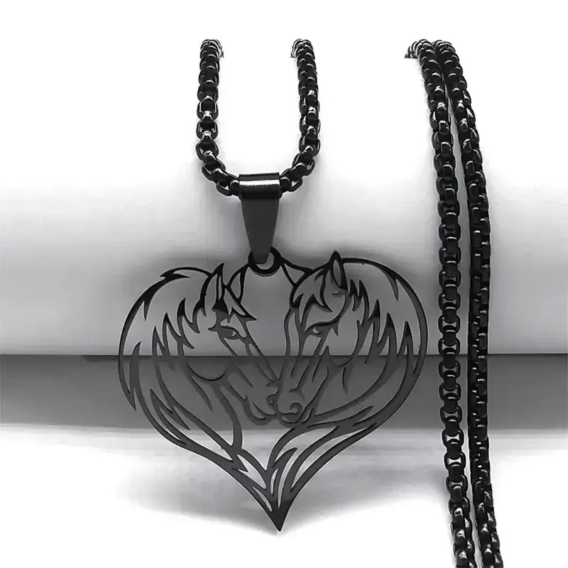 Horse Love Pendant Stainless-Steel Necklace. Aesthetic Heart Shape Horse Necklace. - A 60cm Box BK - Jewelry