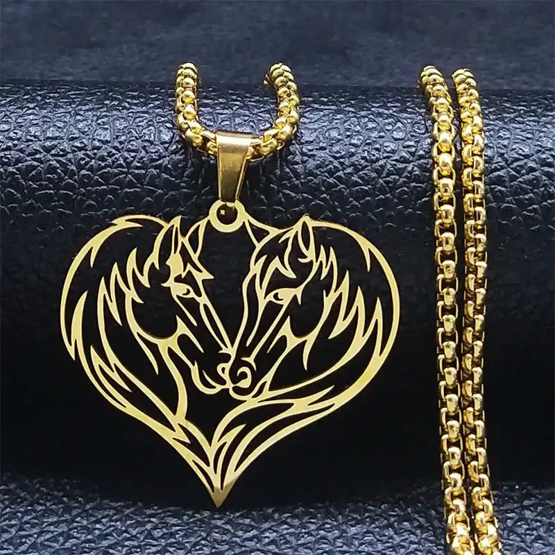 Horse Love Pendant Stainless-Steel Necklace. Aesthetic Heart Shape Horse Necklace. - A 60cm Box GD - Jewelry