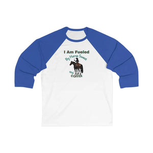 Horse and Coffee Lover’s 3/4 Sleeve Baseball Tee Equestrian Coffee Lover Shirt Horse Apparel - White/True Royal / S