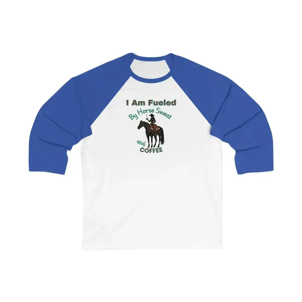 Horse and Coffee Lover’s 3/4 Sleeve Baseball Tee Equestrian Coffee Lover Shirt Horse Apparel - White/True Royal / S
