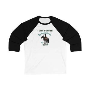 Horse and Coffee Lover’s 3/4 Sleeve Baseball Tee Equestrian Coffee Lover Shirt Horse Apparel - White/ Black / S