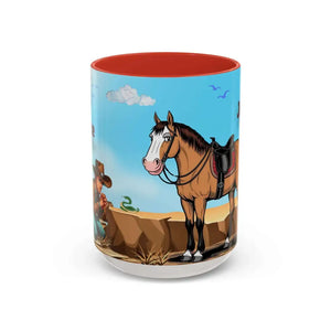 Humorous Cowboys Coffee Mug - Personalize IT - Pleading Cowboy and Sassy Horse Western Mug 15oz - 15oz / Red - Mug