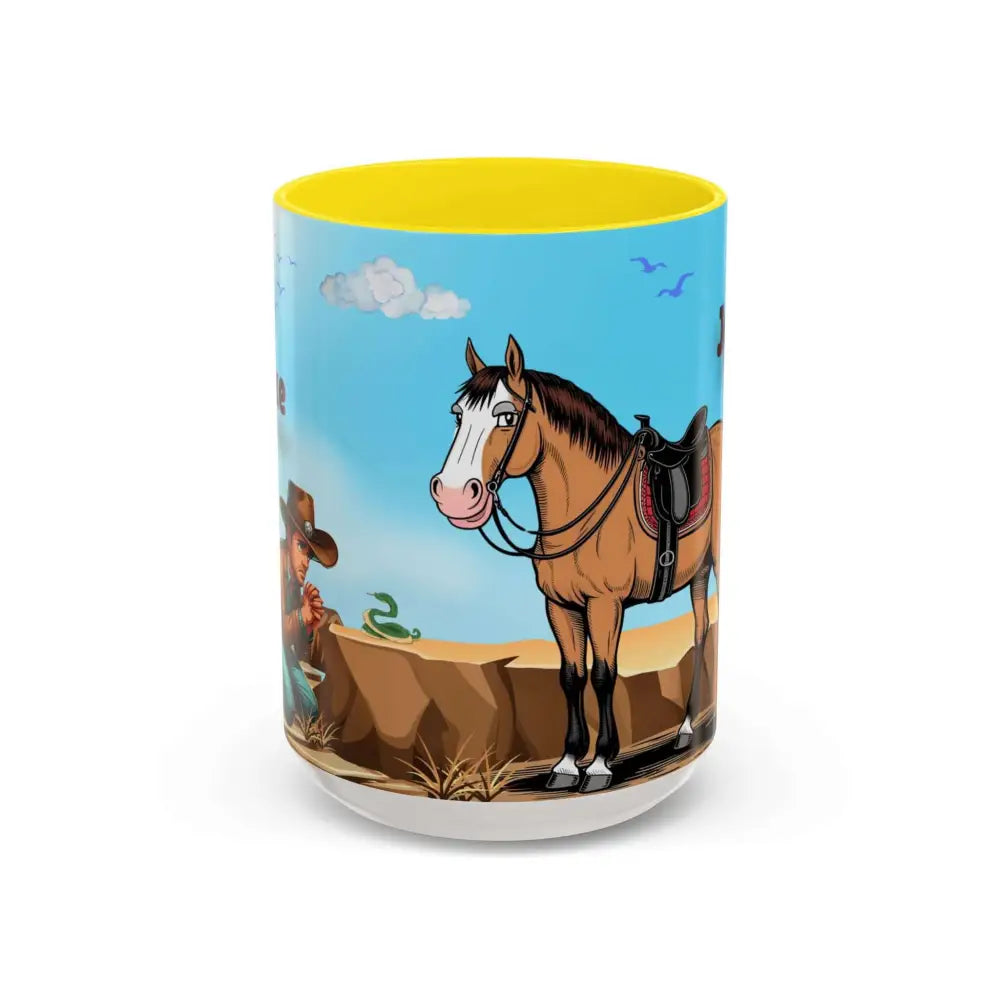 Humorous Cowboys Coffee Mug - Personalize IT - Pleading Cowboy and Sassy Horse Western Mug 15oz - 15oz / Yellow - Mug