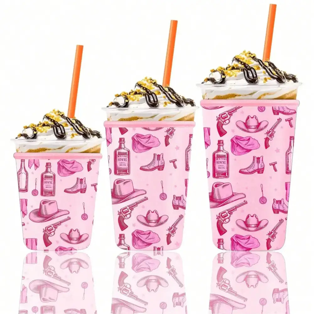Ice Coffee Drink Sleeves Cowgirl Western Reusable Sleeve Neoprene Insulator Coolie Sleeve for Ice Drinks 3pcs - Pink