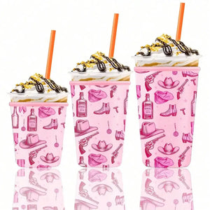 Ice Coffee Drink Sleeves Cowgirl Western Reusable Sleeve Neoprene Insulator Coolie Sleeve for Ice Drinks 3pcs - Pink