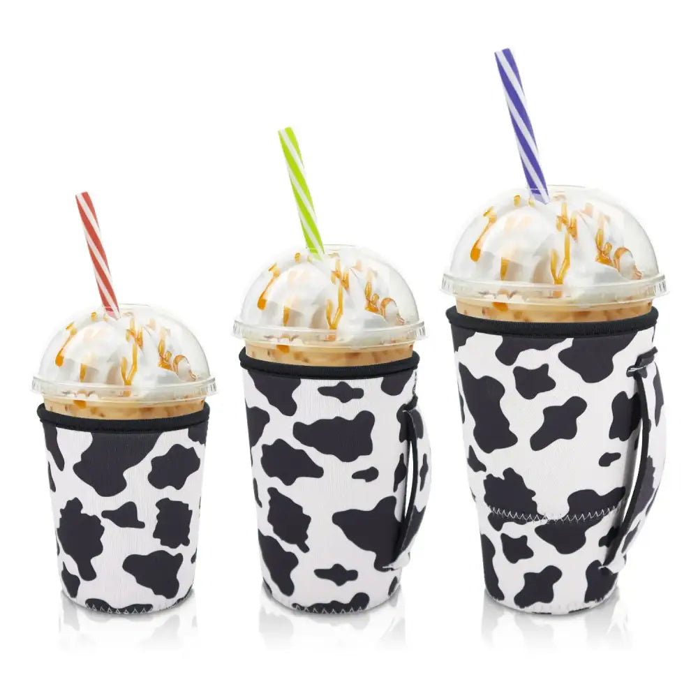 Iced Drink Sleeves Western Reusable Coolie Sleeve Neoprene Insulator Sleeve for Iced drinks 3 sizes 3pc Pk - Cow Print
