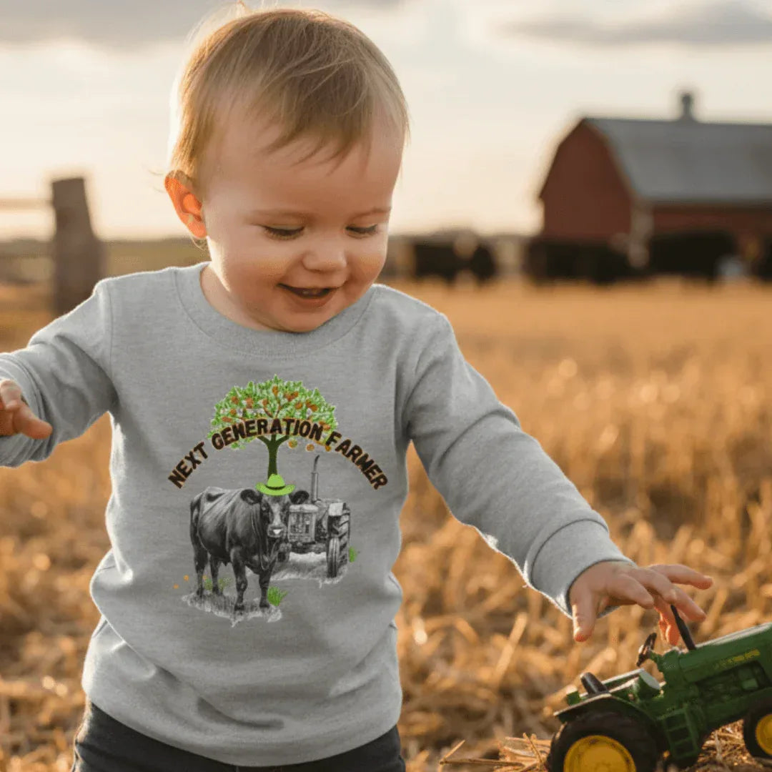 Toddler Long Sleeve Tee featuring tractor and cow graphic, perfect for young farm enthusiasts, showing 'Next Generation Farmer'