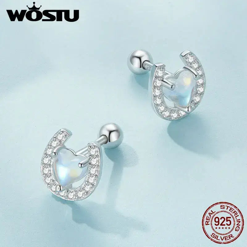 Lucky Horseshoe Stud Earrings 925 Sterling Silver Earrings Moonstone Zircon Fine Gifts for Her - CQE1612 - Jewelry