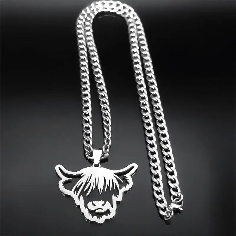 Nordic Highland Cattle Cow Pendant Necklace Stainless Steel Silver Color Animal Necklaces Jewelry Gifts - 60cm 23.6